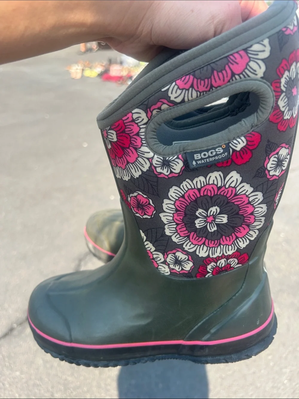 Bogs Olive Green and grey Rain Boots with Pink Floral Shaft